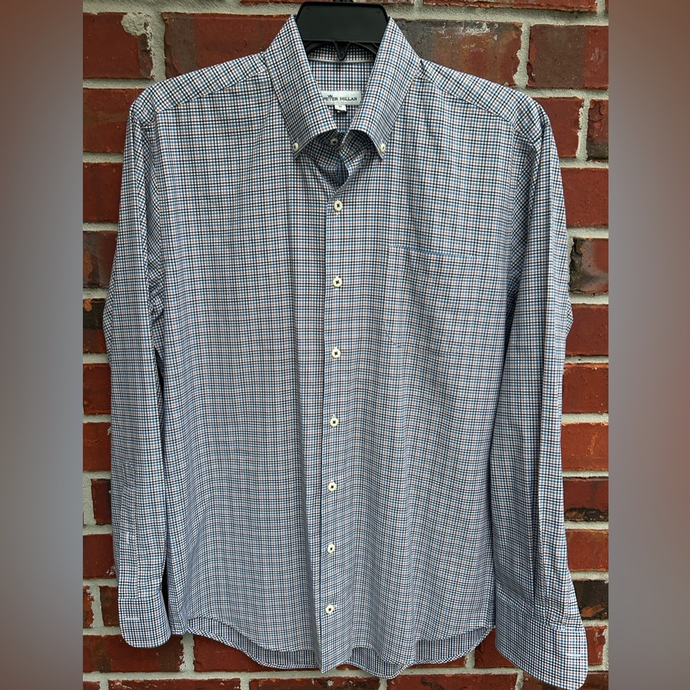 Peter Millar Men’s Long Sleeve Button Down Blue Brown Black PLAID Sz M Shirt G1